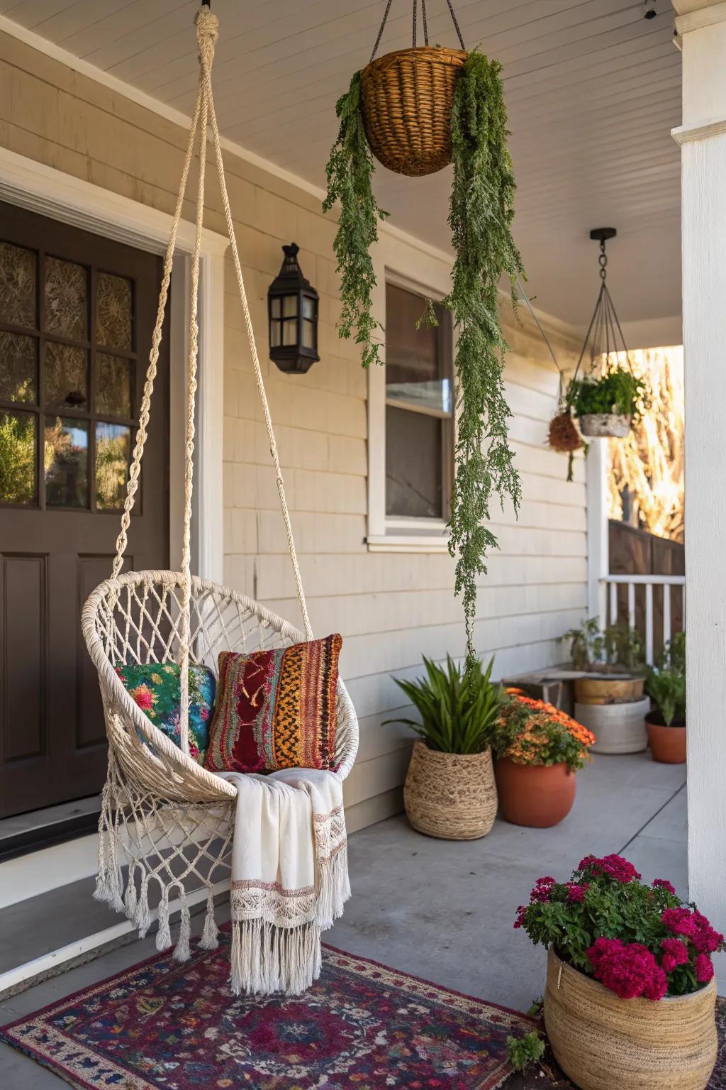 A macramé swing adds a playful touch to your porch design.
