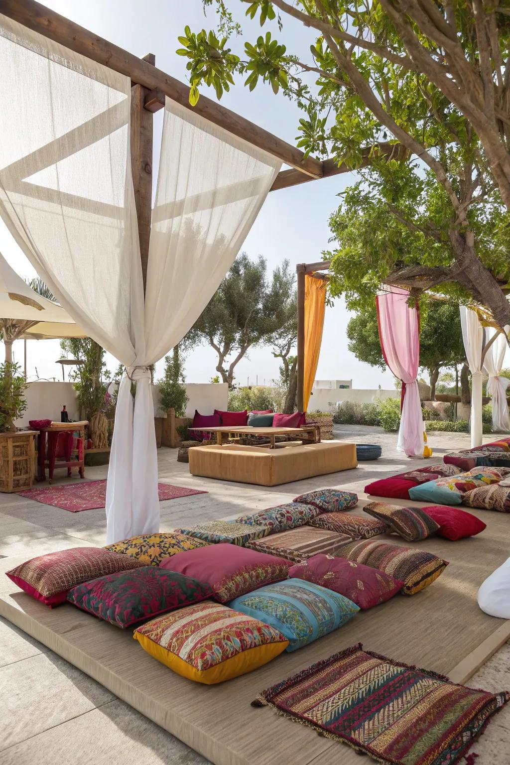 An outdoor boho retreat invites relaxation and joy.