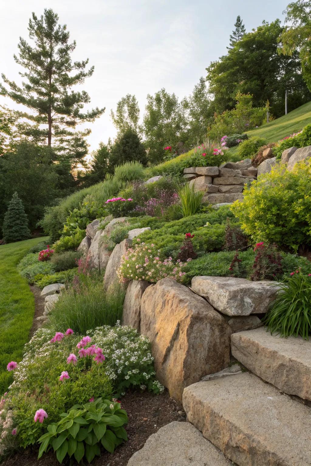 Combine practicality and beauty with a boulder retaining wall.
