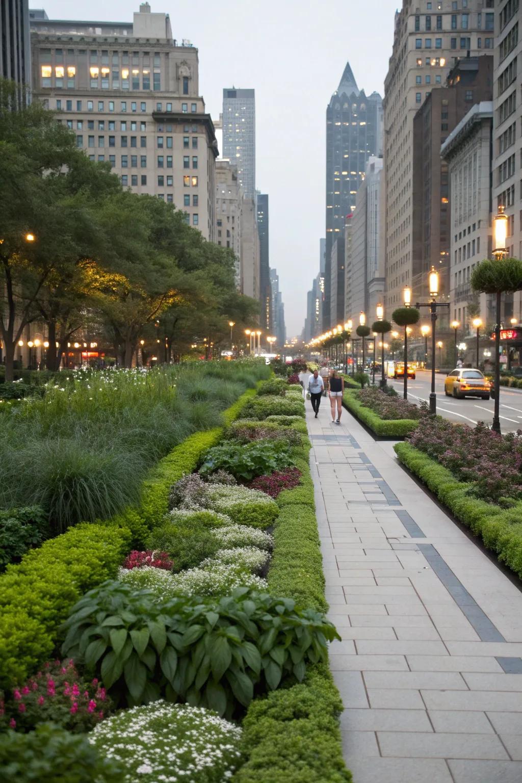 Urban boulevard garden with low-profile plants for clear views.