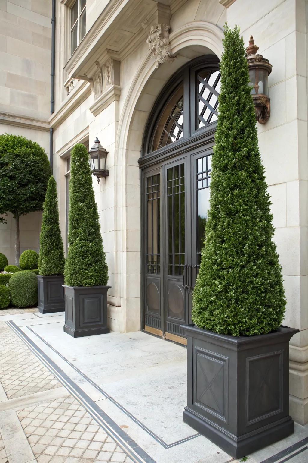 Create a welcoming entrance with formal boxwood displays.