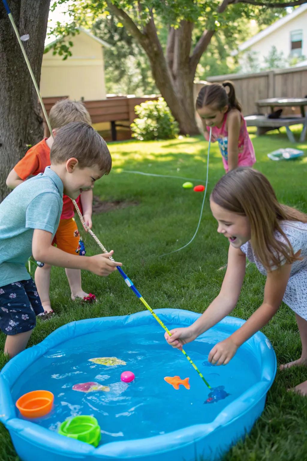 Kids enjoying a fishing game with toy rods and fish.