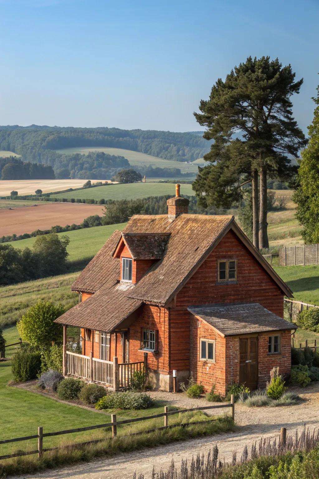 Rustic red brick with wood siding for a cozy farmhouse style.