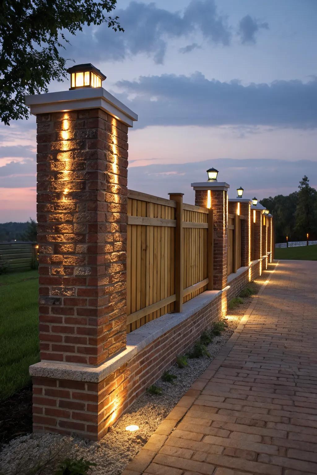 A fence beautifully lit with integrated lighting in brick columns