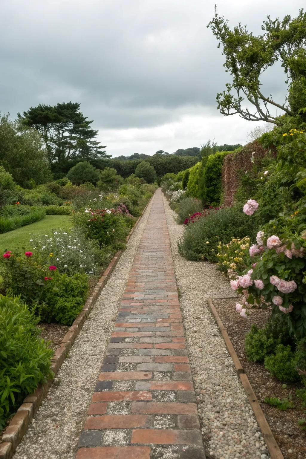 Brick and gravel create a textured garden path.