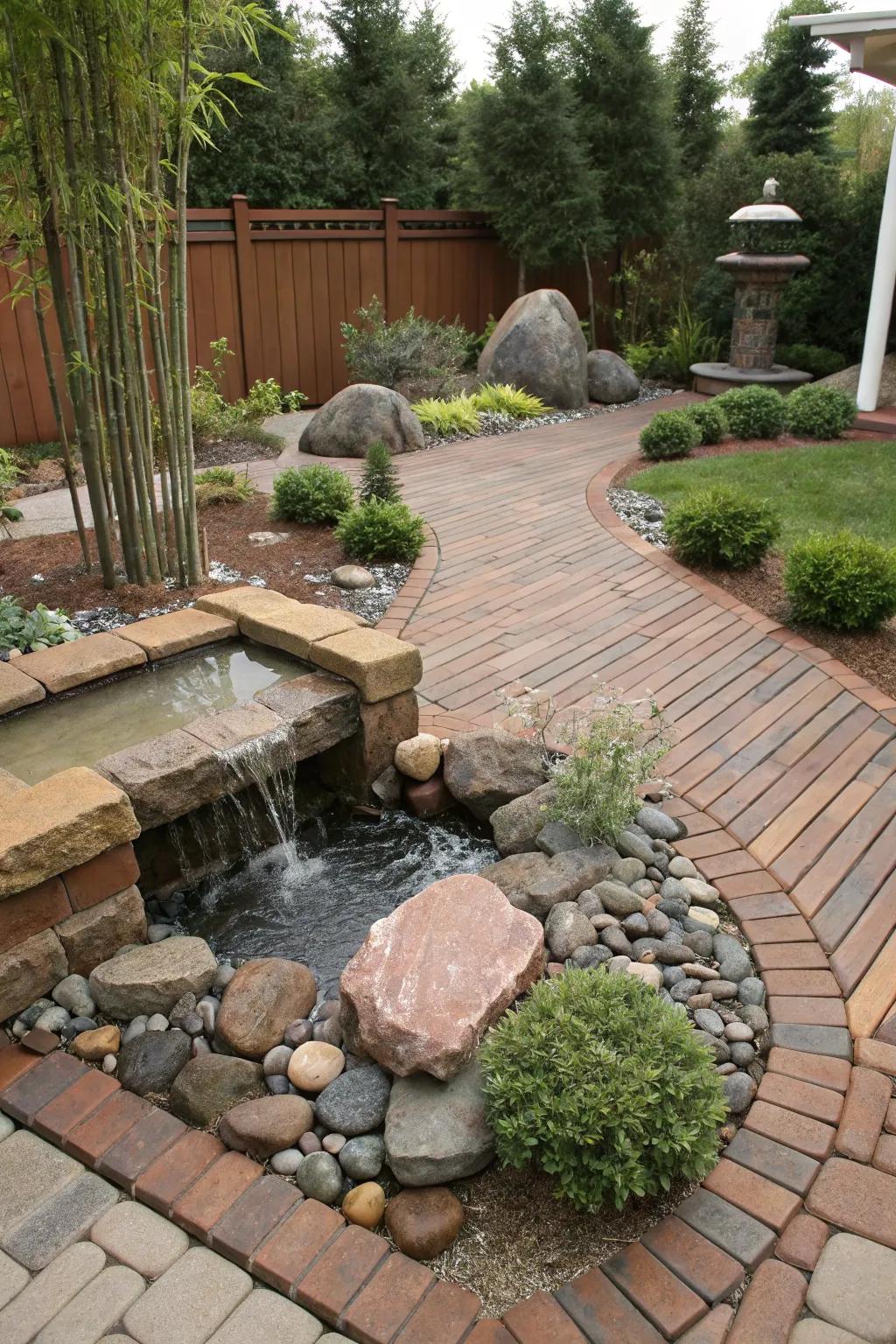 Serenity reigns with a water feature on this brick deck.