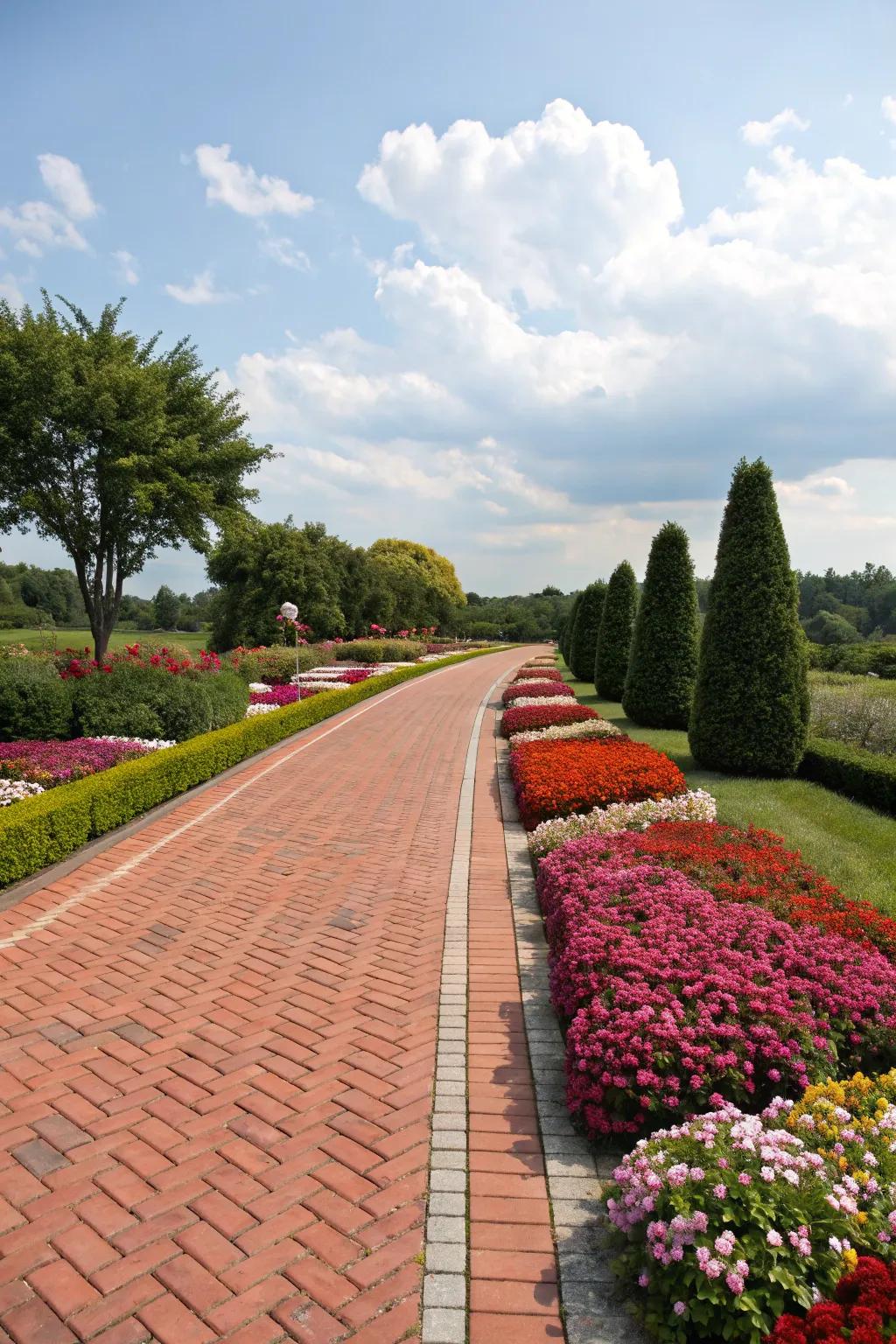 A colorful array of flowers lining a brick driveway.