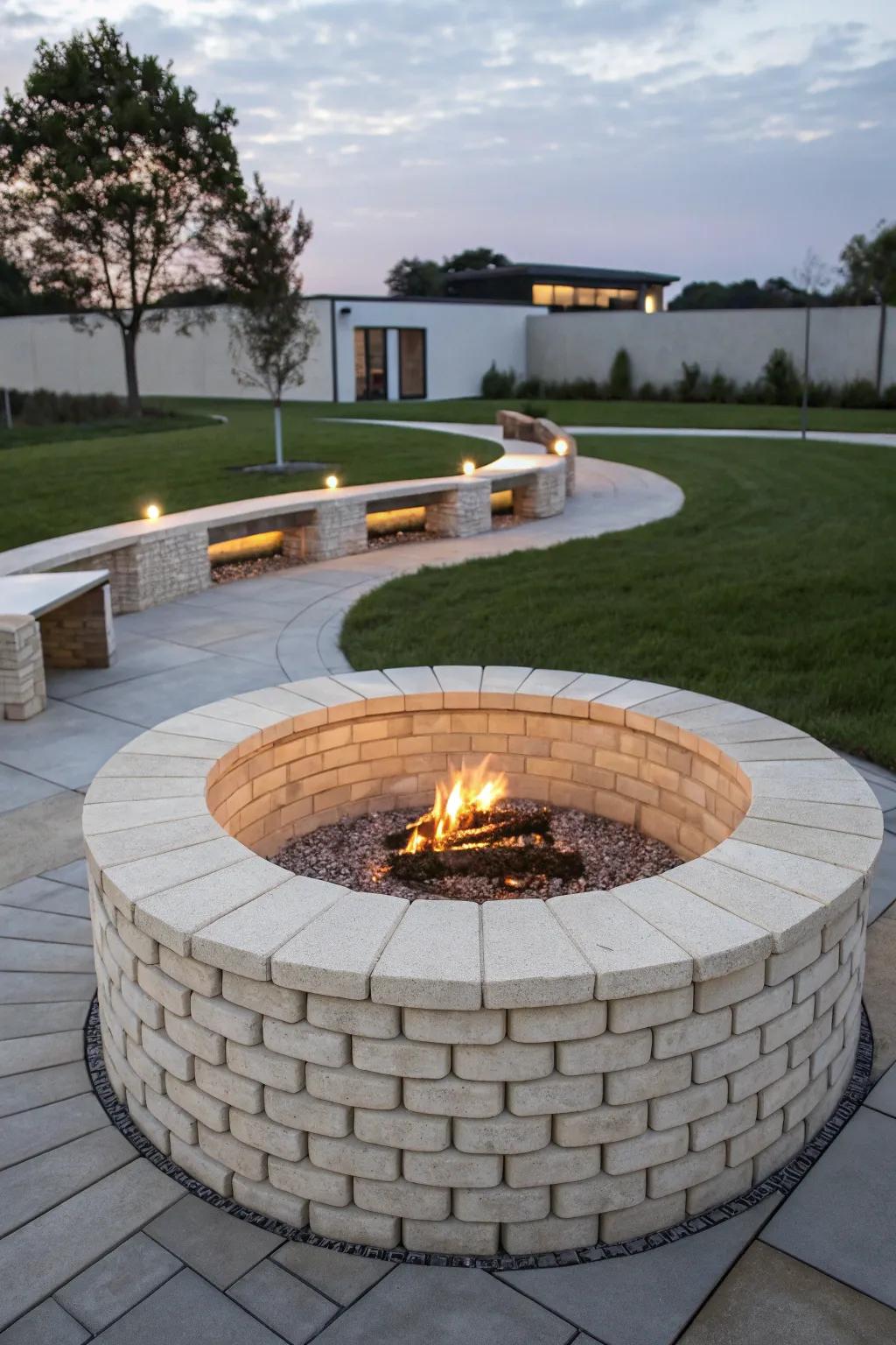 Elevate your outdoor space with a minimalist brick fire pit that exudes modern elegance.