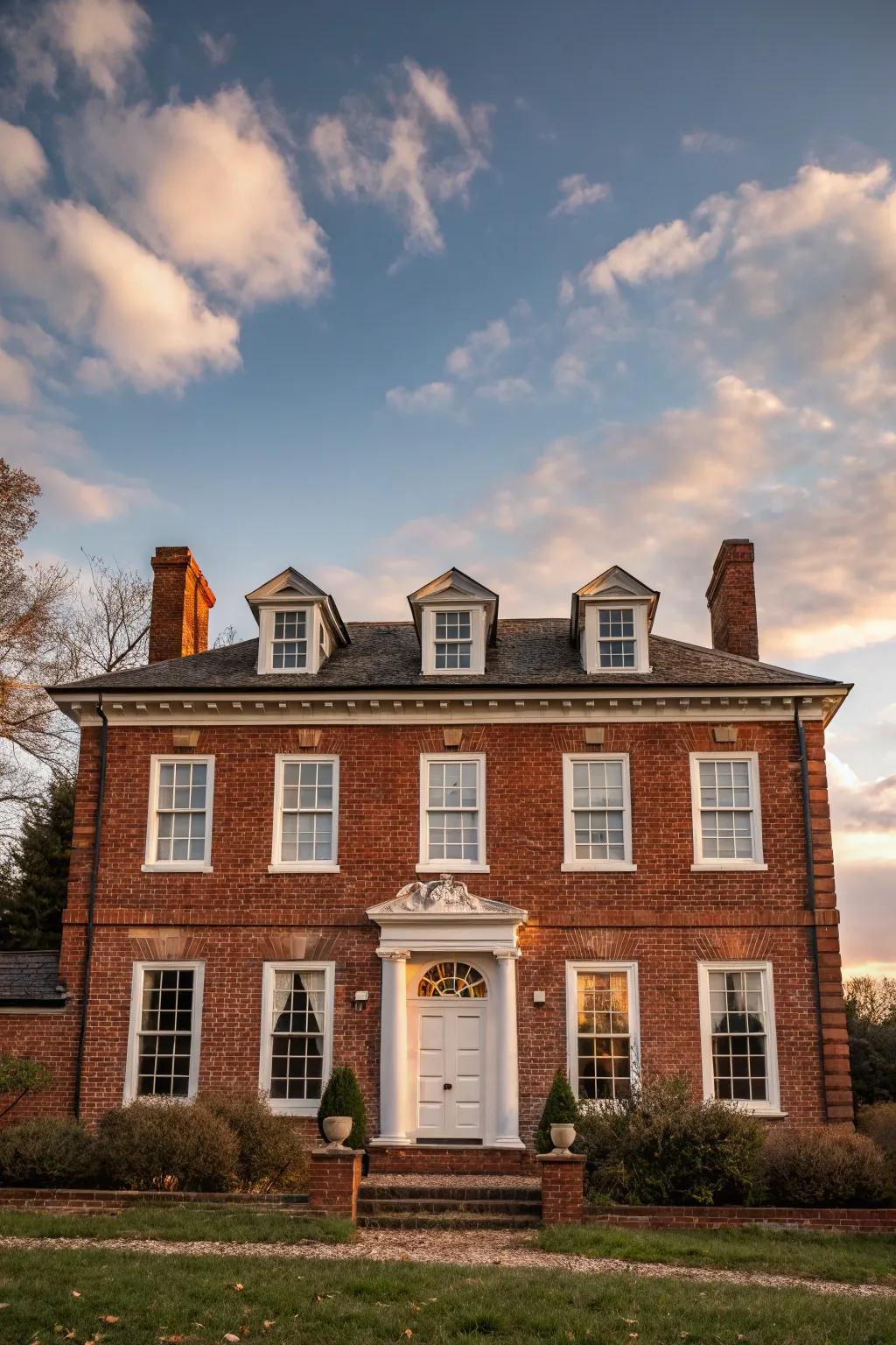 A colonial-style house showcasing classic red brick elegance.