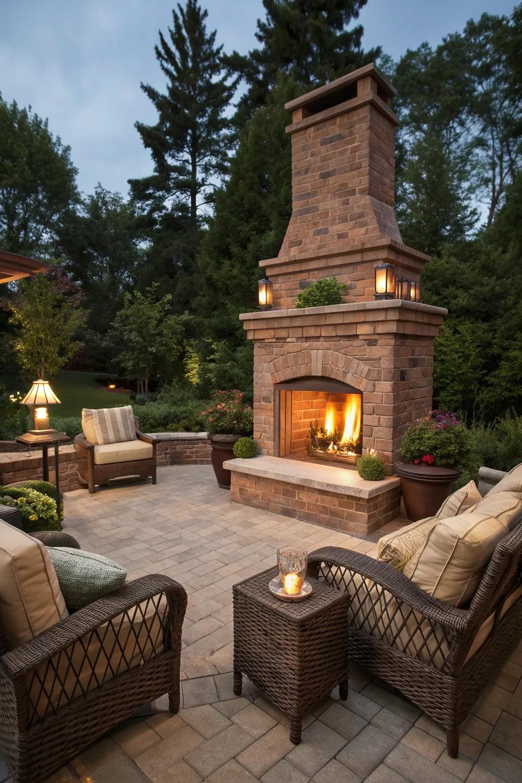 A two-sided brick fireplace offers warmth from multiple angles.