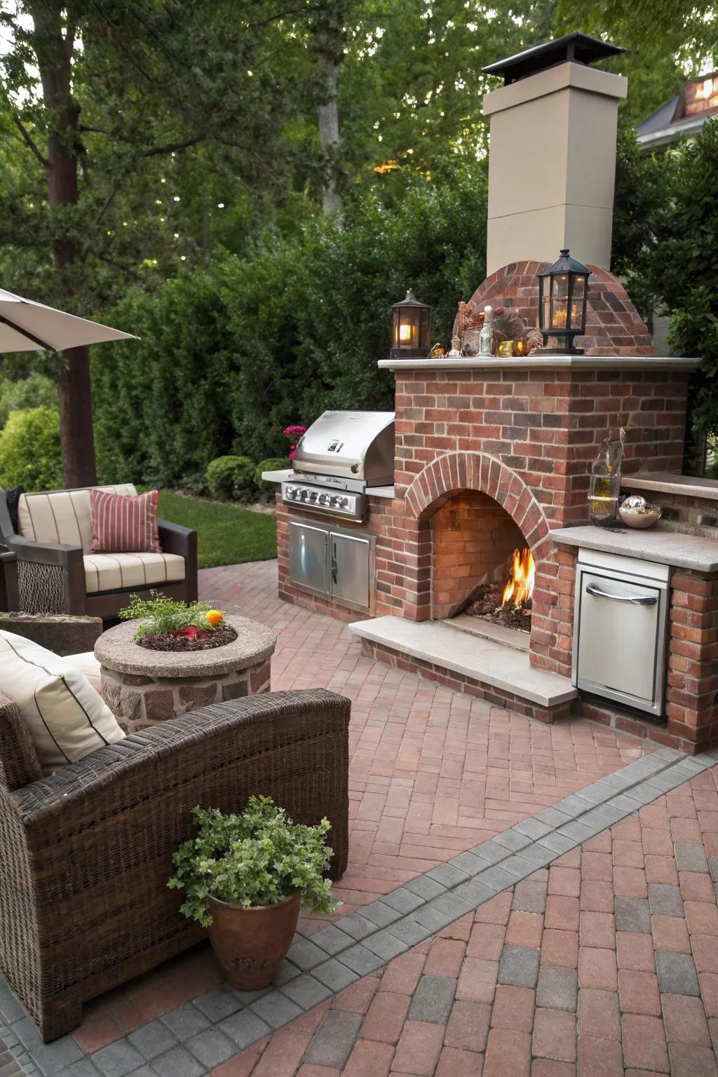 An outdoor kitchen with a fire pit makes entertaining effortless.