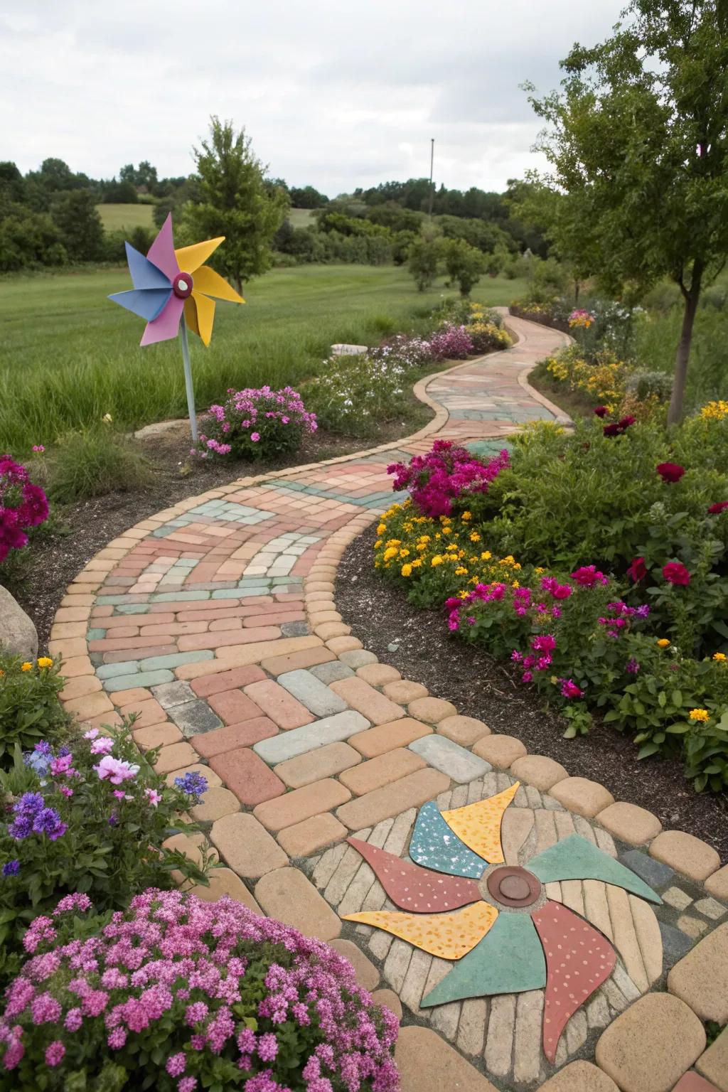 Pinwheel patterns bring a playful touch to your garden paths.