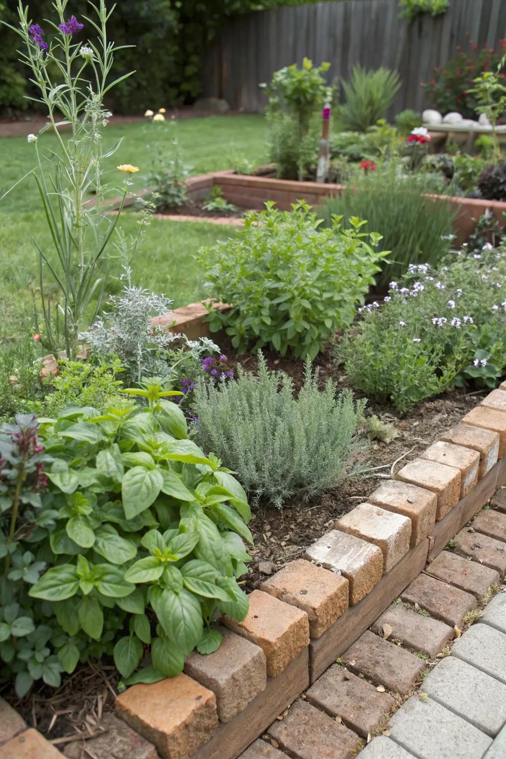 Organized herb gardens with stylish brick borders.