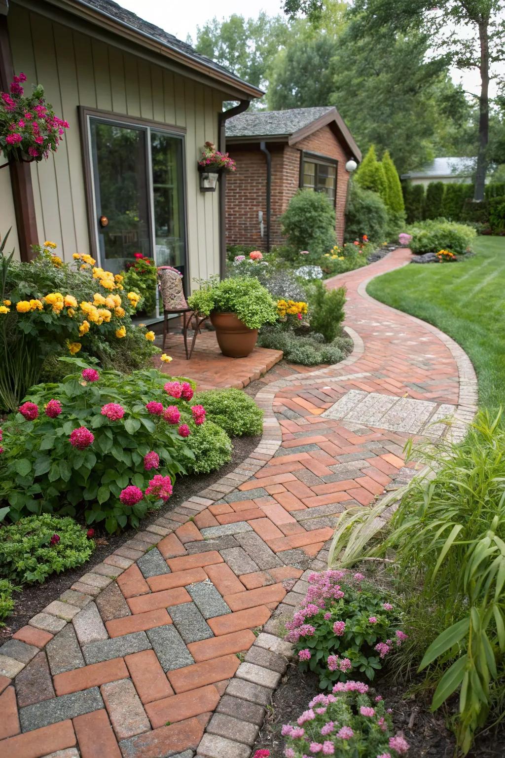 A lively side yard featuring a zigzag brick paver pattern.