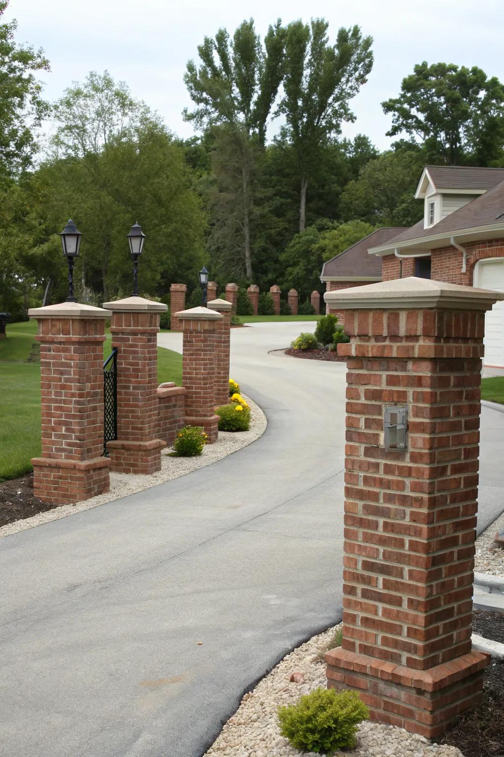 Multiple brick pillars lining a driveway, creating a grand entrance.