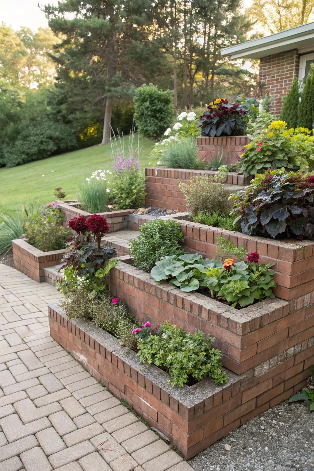 Multi-level brick planters creating depth and interest in a garden.