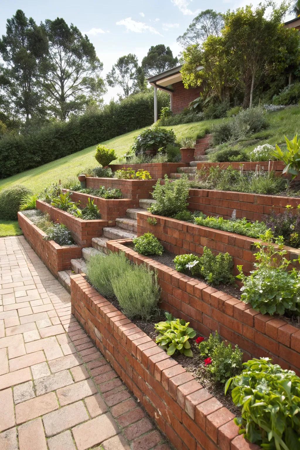 Add dimension with terraced brick planters.