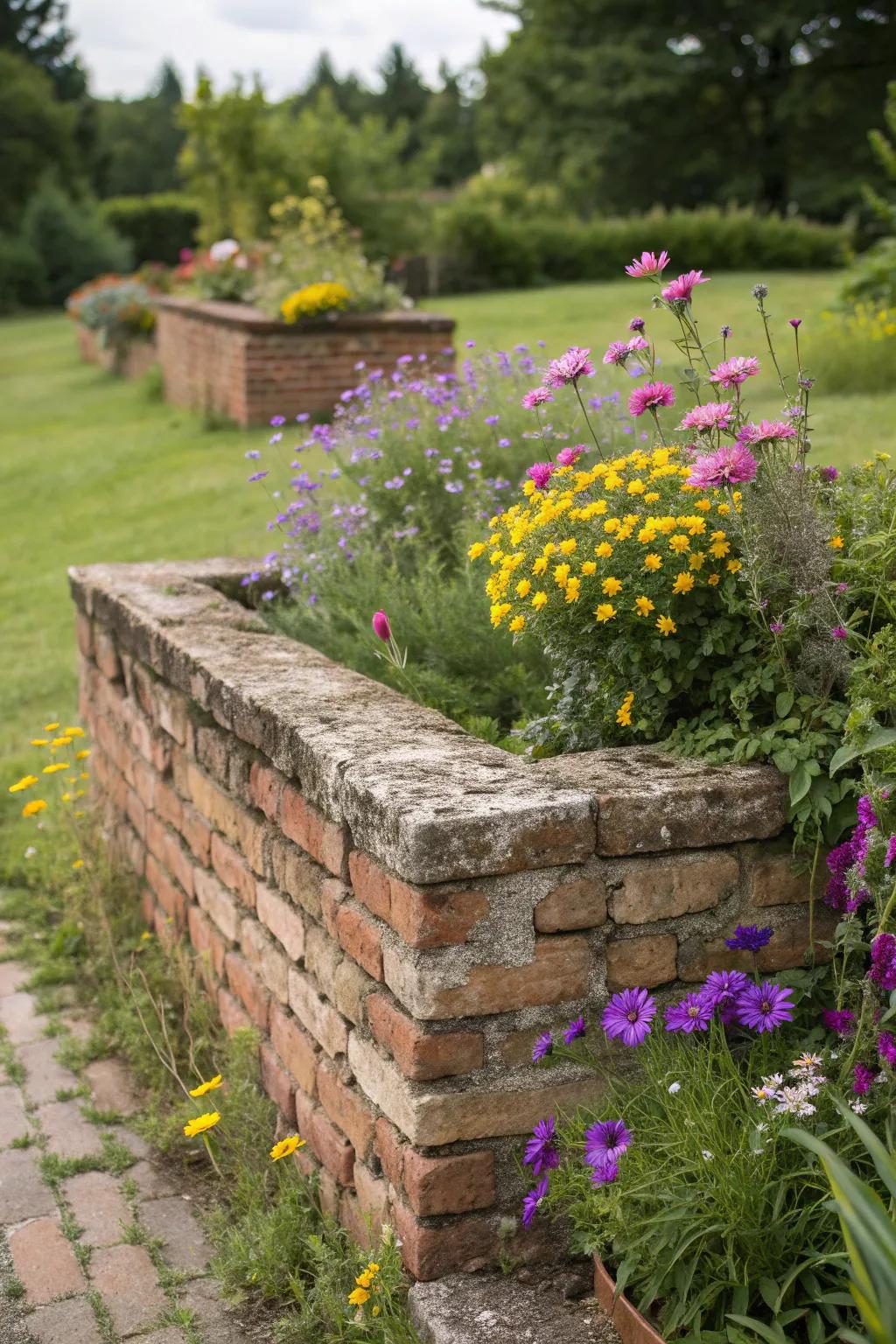 A rustic brick planter wall with a charming, aged appearance.