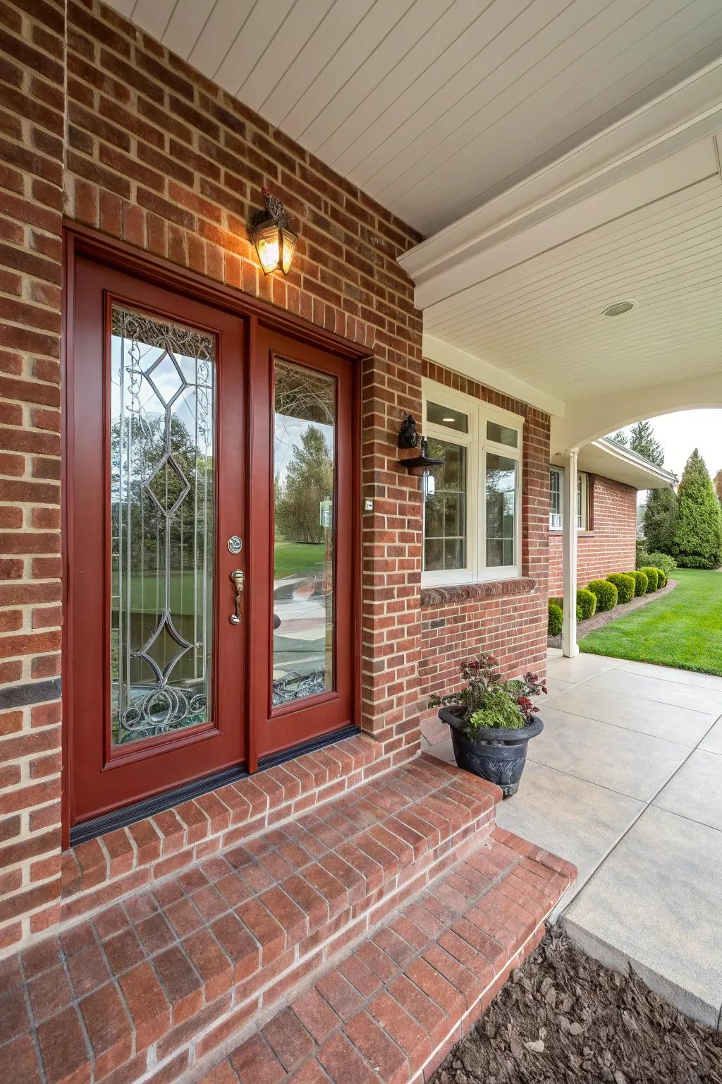 Striking front door on a brick porch.