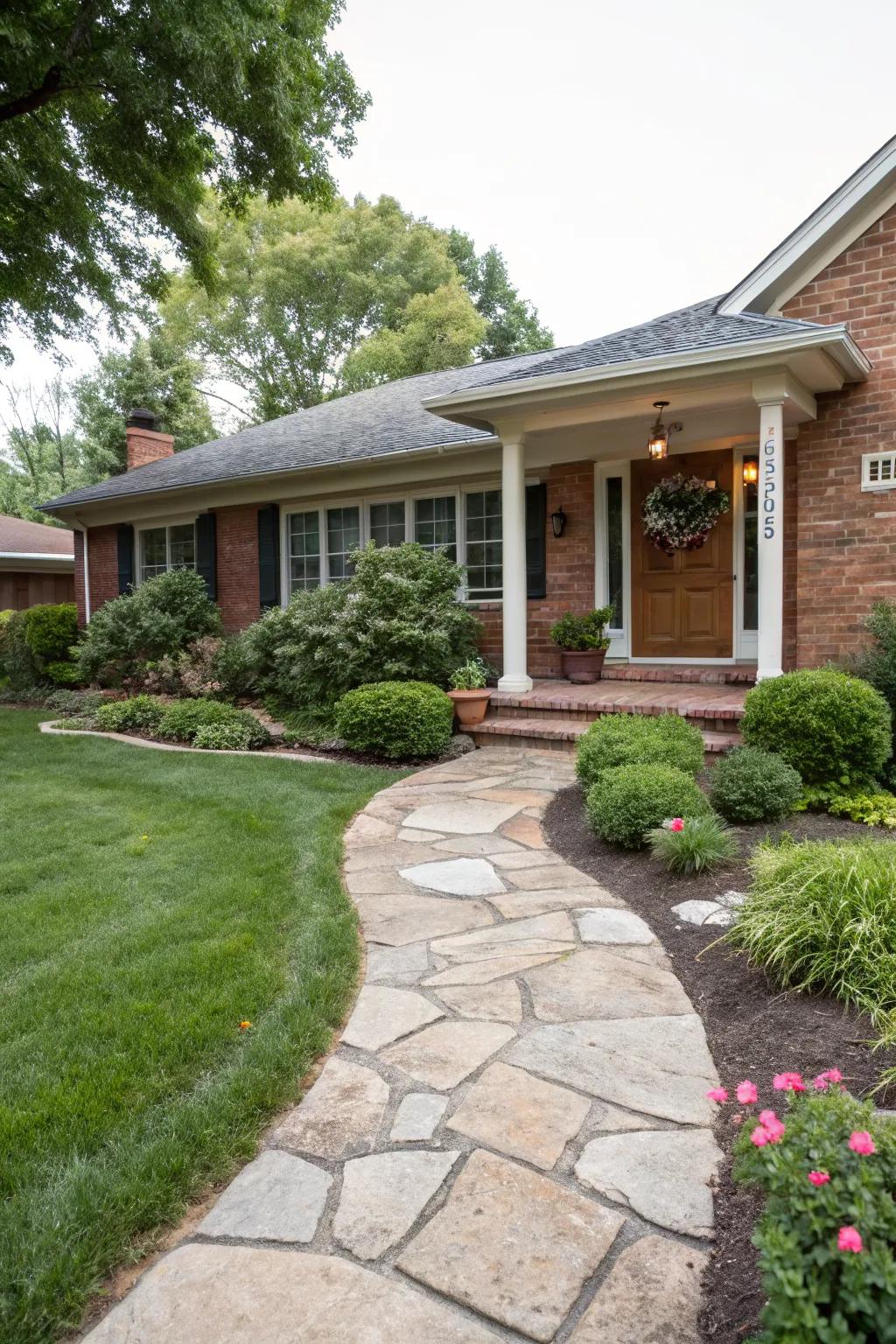 A stone pathway provides a grand entrance to the porch.