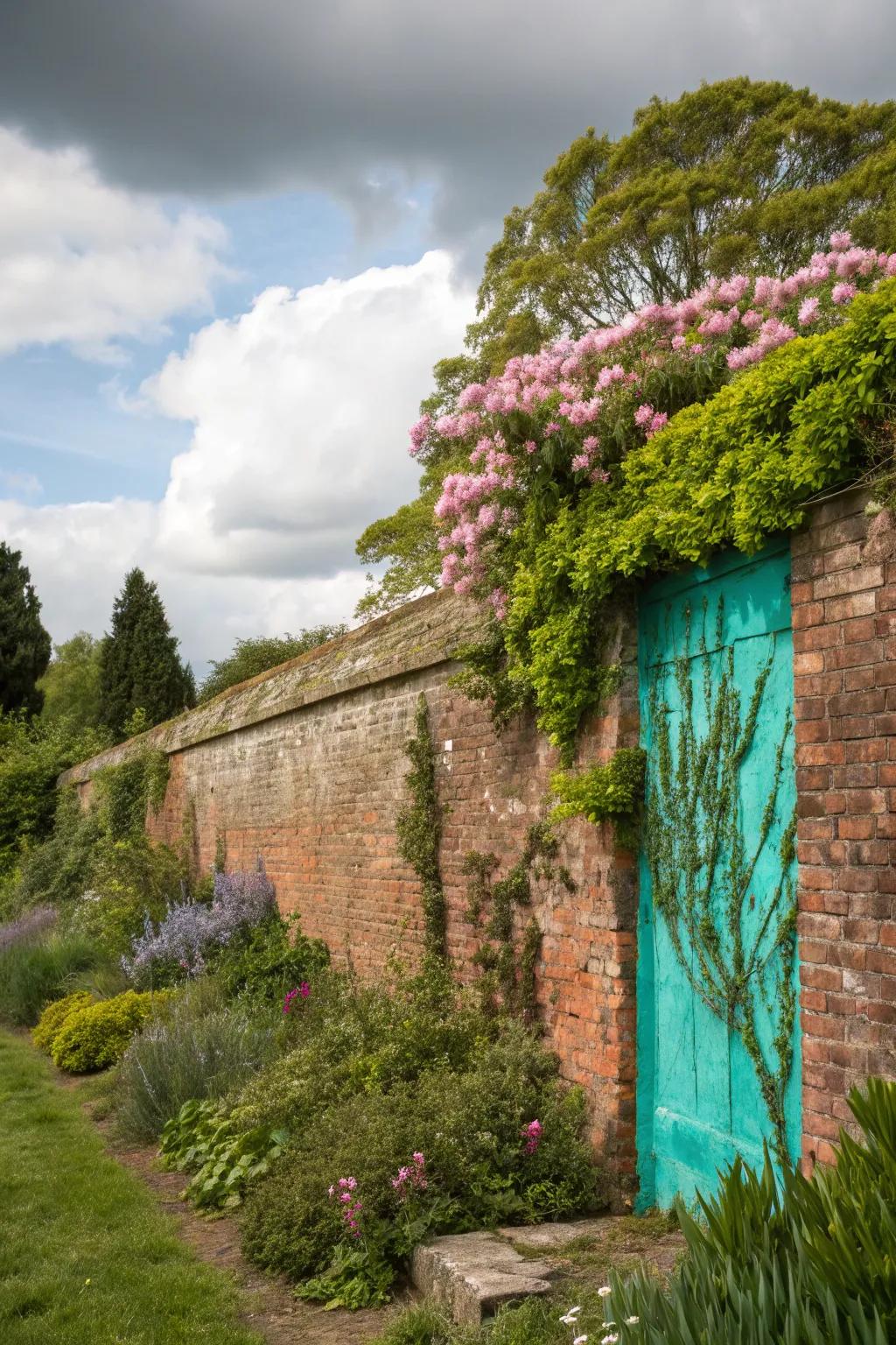 A splash of teal color brightens a brick wall.