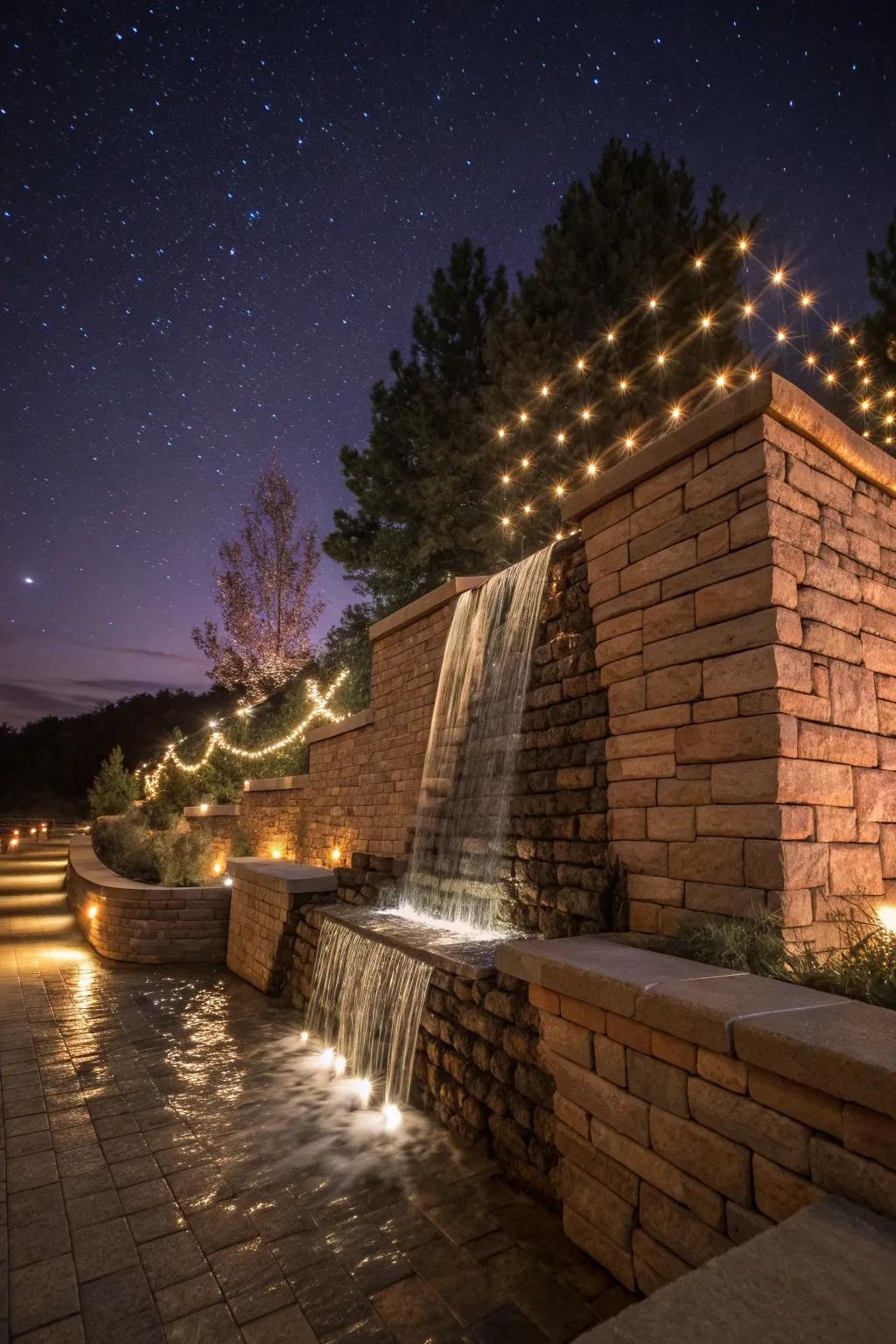 Enchant your evenings with a lit-up brick waterfall.
