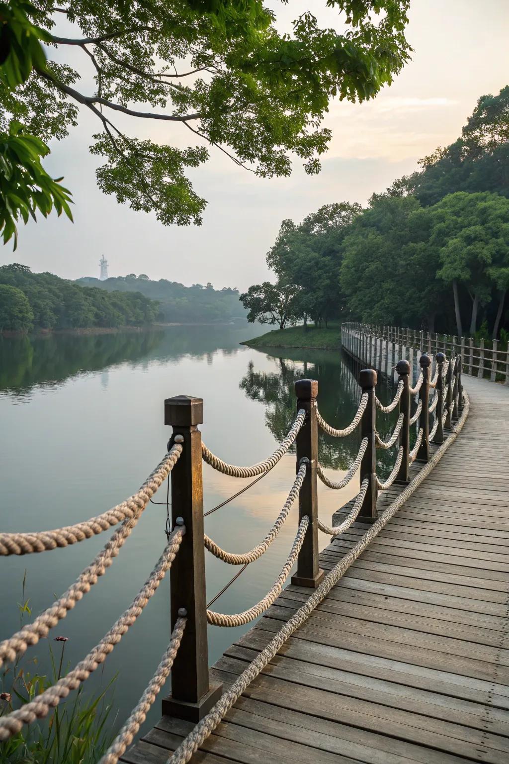 Rope railings bring a nautical vibe to this lakefront bridge.