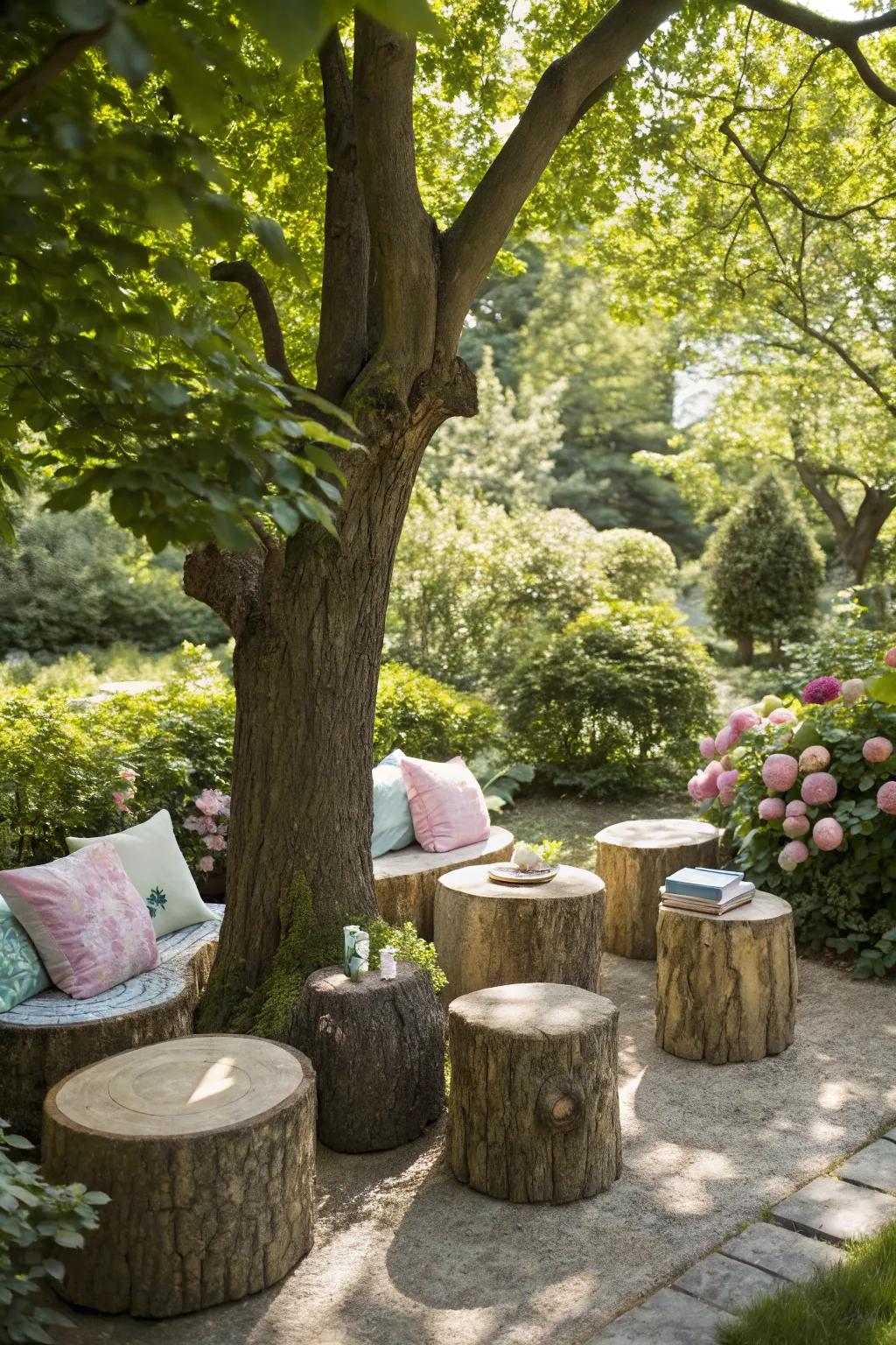 Tree stumps create eco-friendly seating options.