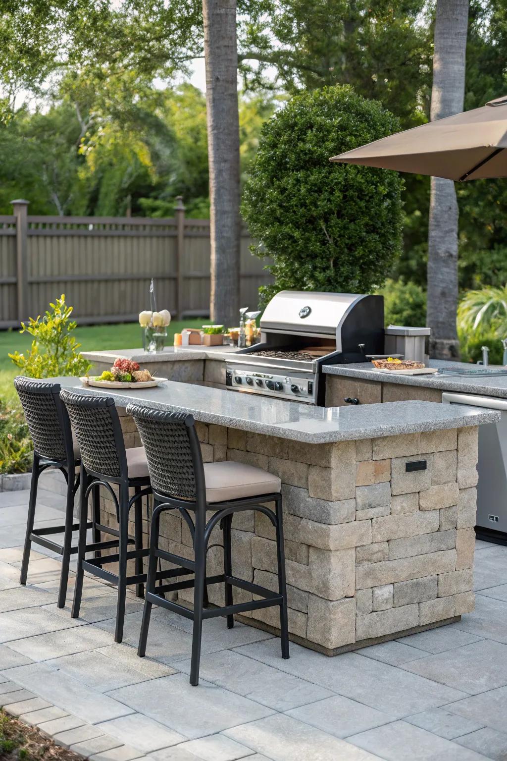 A grill island with seating invites social interaction during cooking.