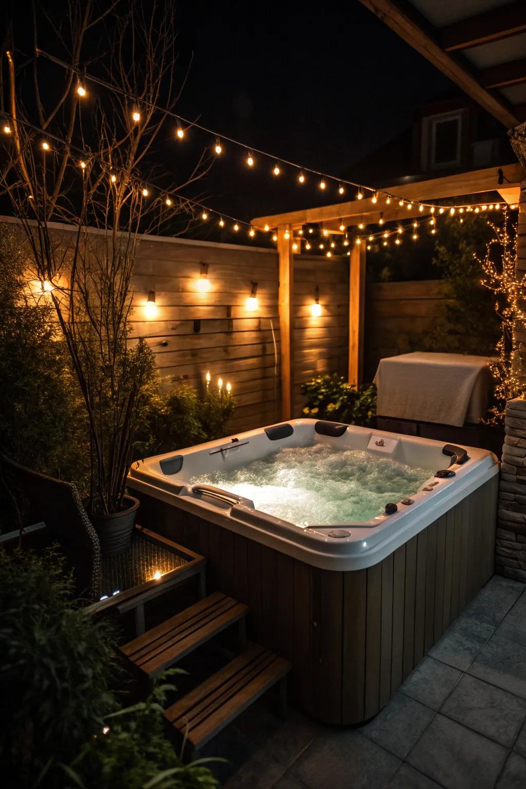 Ambient lighting creating a magical hot tub retreat.