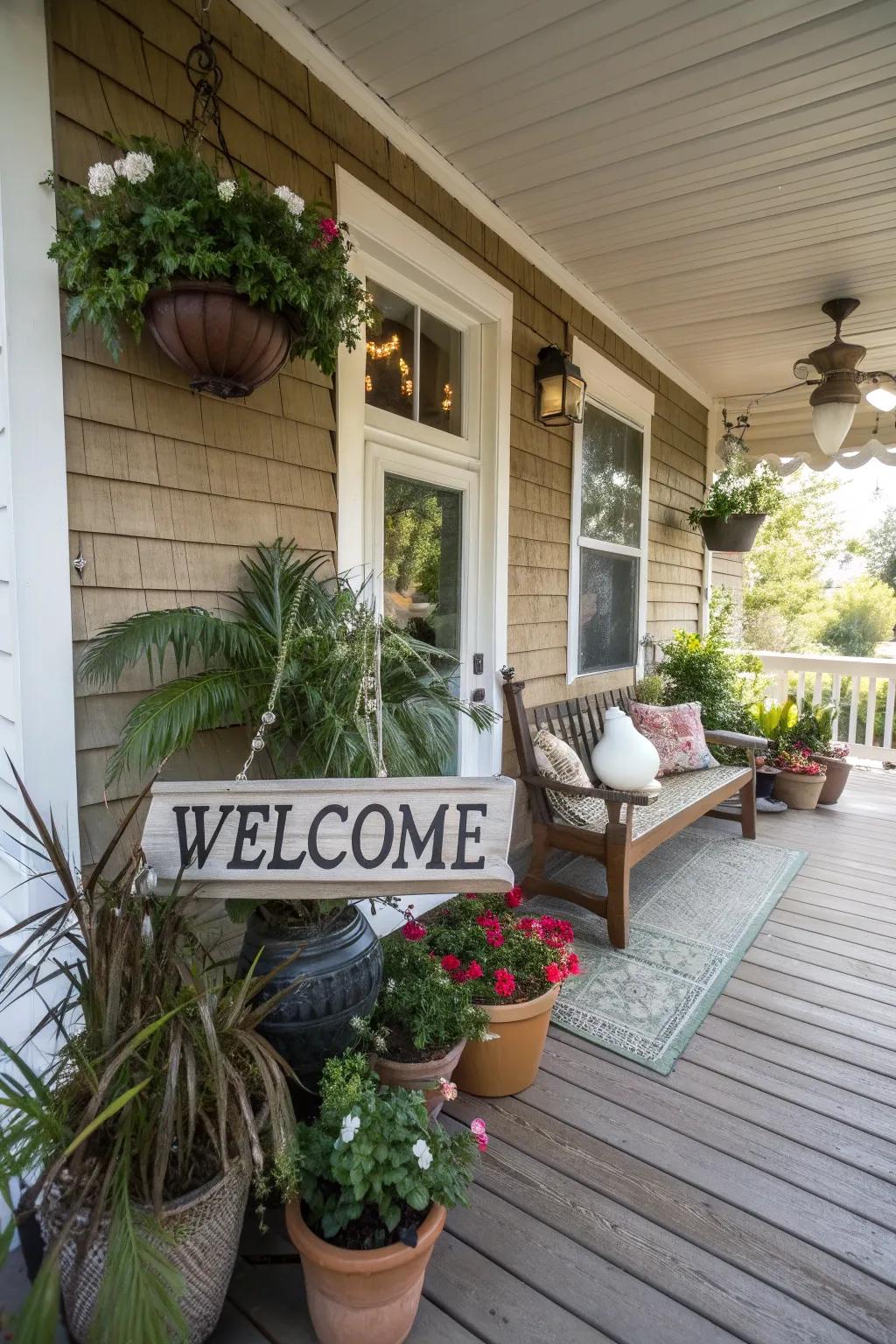 A customized welcome sign adds a personal touch to the porch.