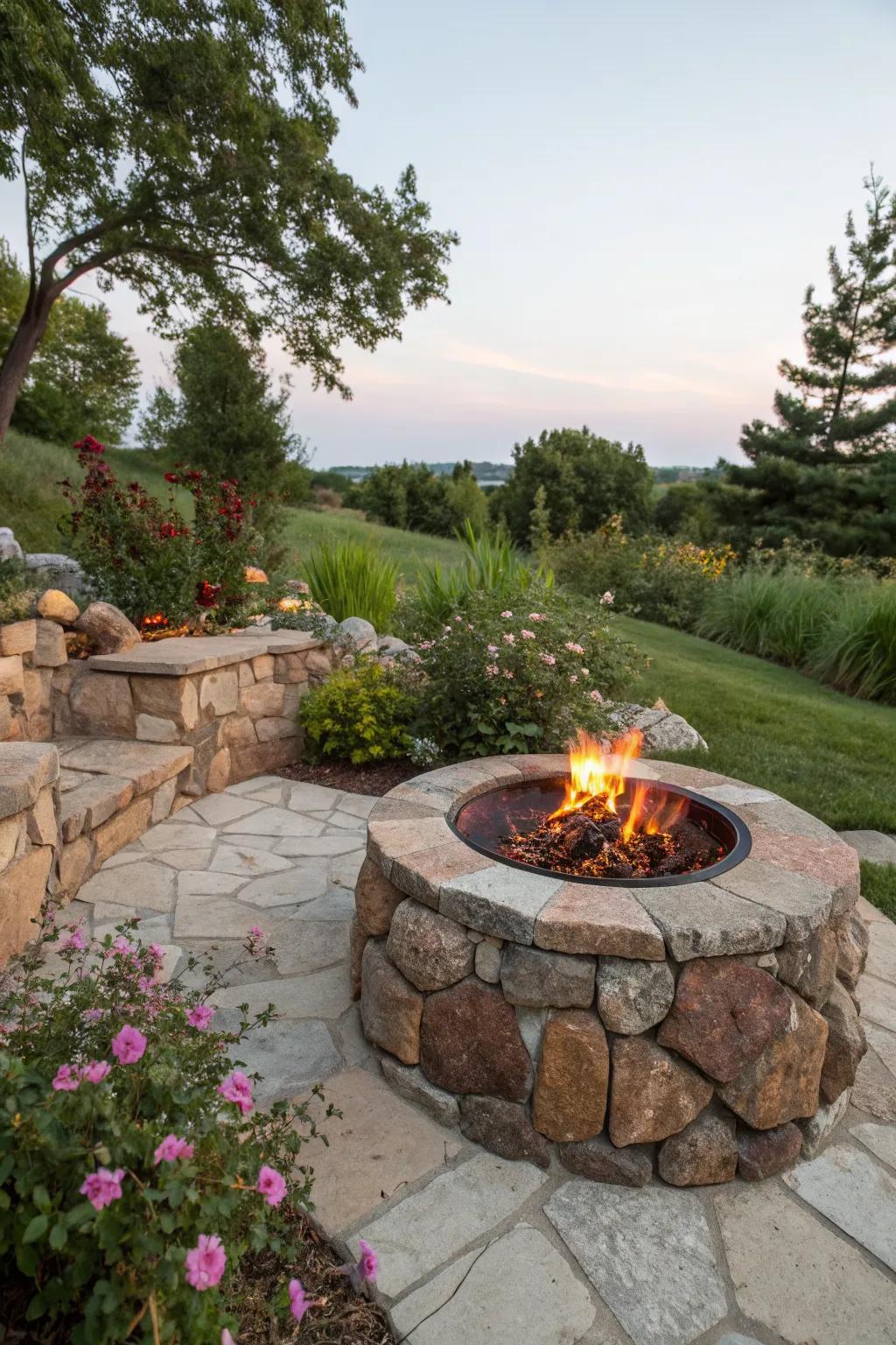 Earthy elegance with a natural stone fire pit.