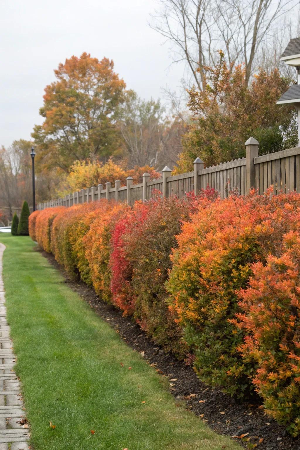 Burning bushes form a vibrant privacy hedge.