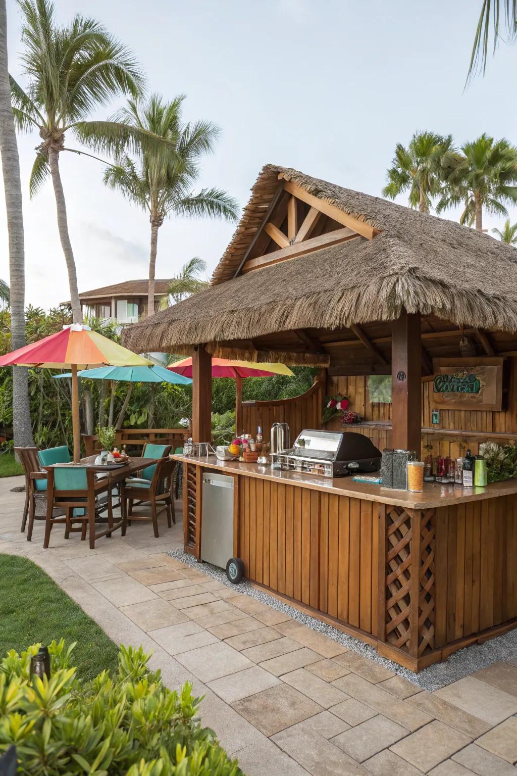 A cabana featuring an outdoor bar and grill, perfect for entertaining.