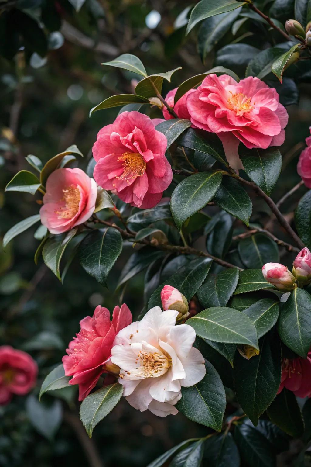 Camellias provide striking color contrast in the garden.