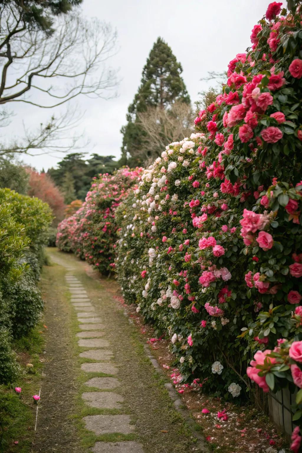 A blooming camellia hedge creates a spectacular garden feature.