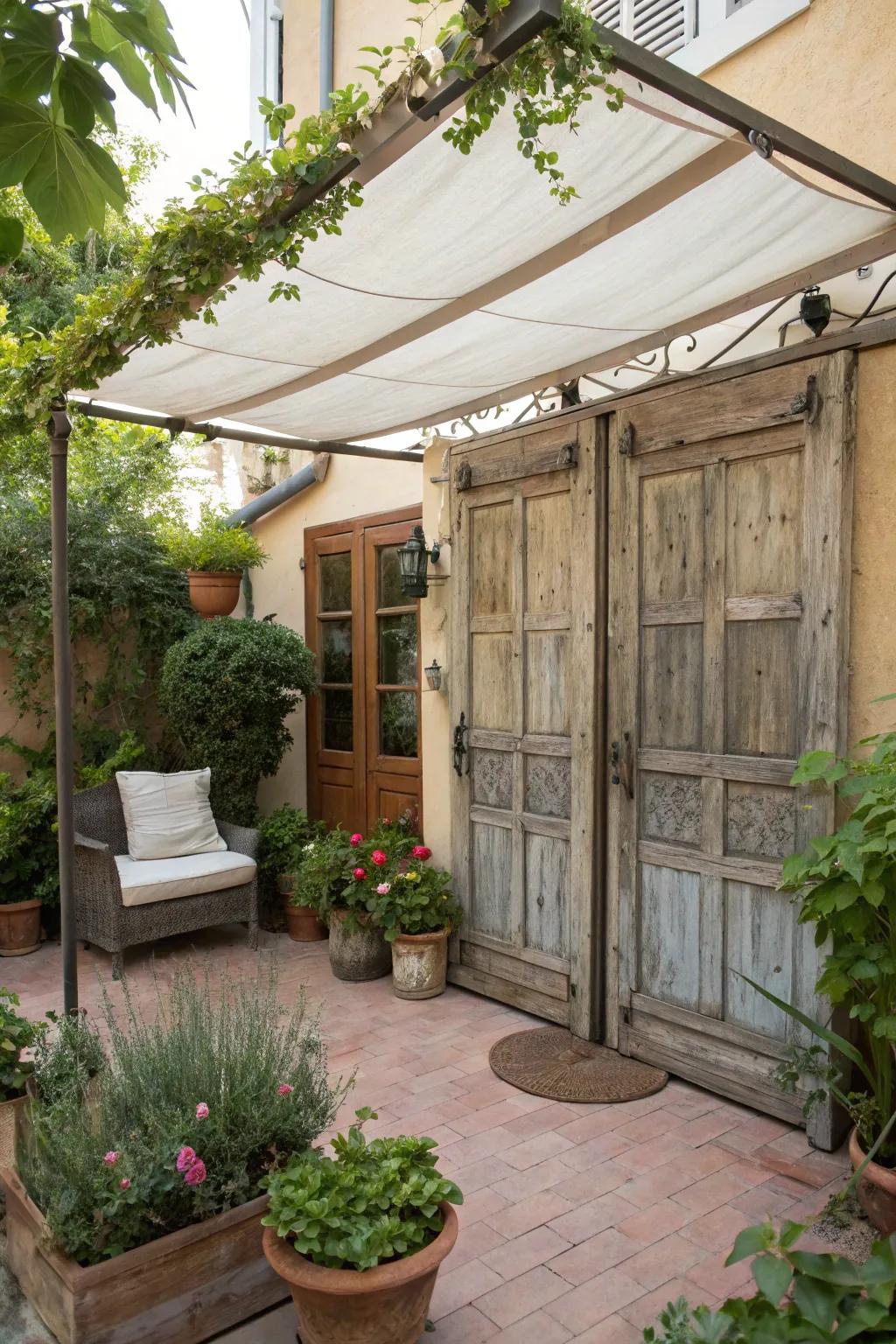 An upcycled canopy combines sustainability with rustic charm.