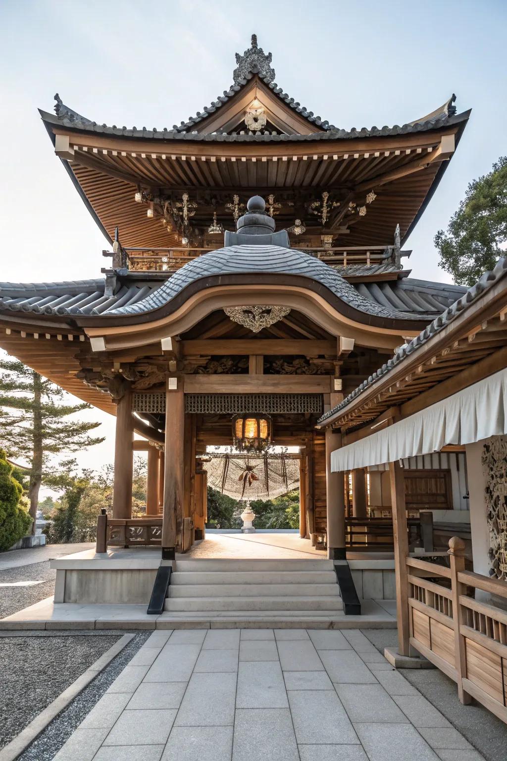 An entrance enhanced by a Japanese-style canopy.