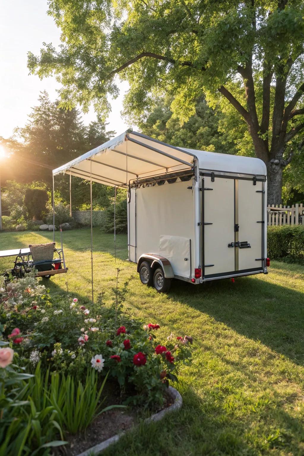 Get creative with a DIY PVC pipe frame awning for your trailer.