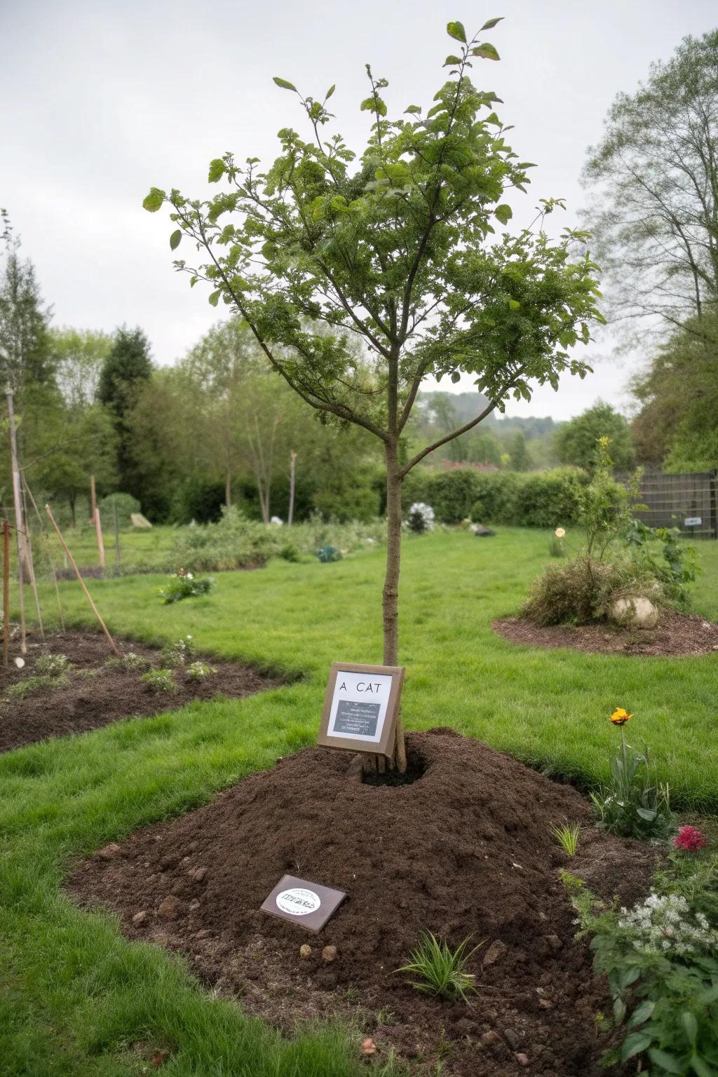 A tree planted as a lasting tribute to a cherished feline friend.
