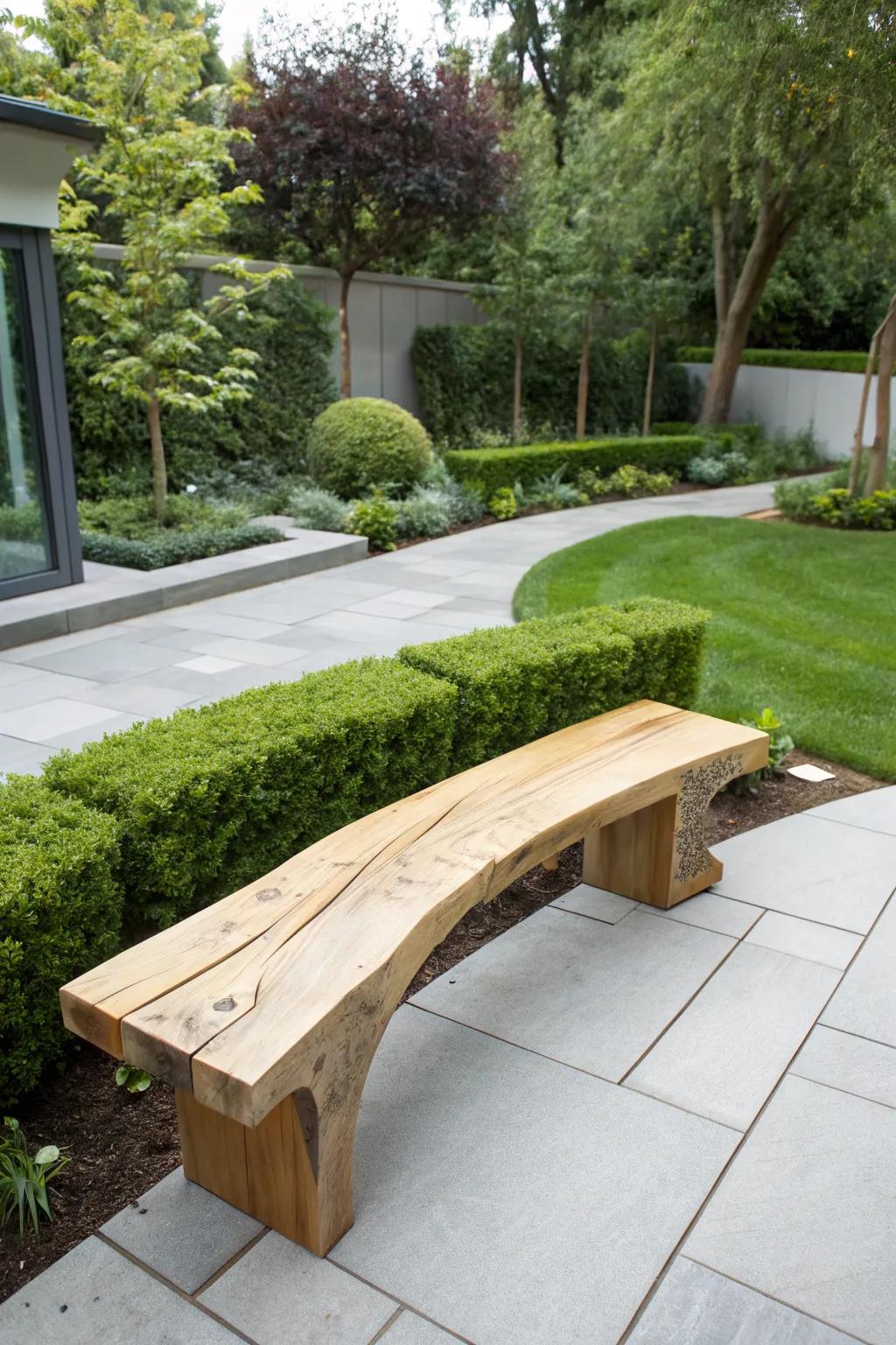 A live-edge cedar bench captivates with its unique form.