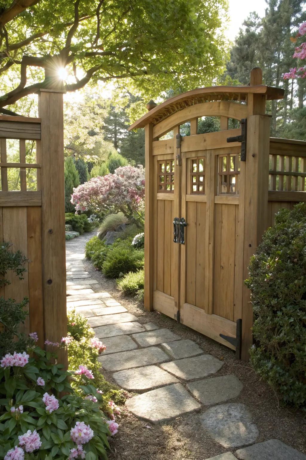 Cedar gate with windows for a unique, light-filtering effect.