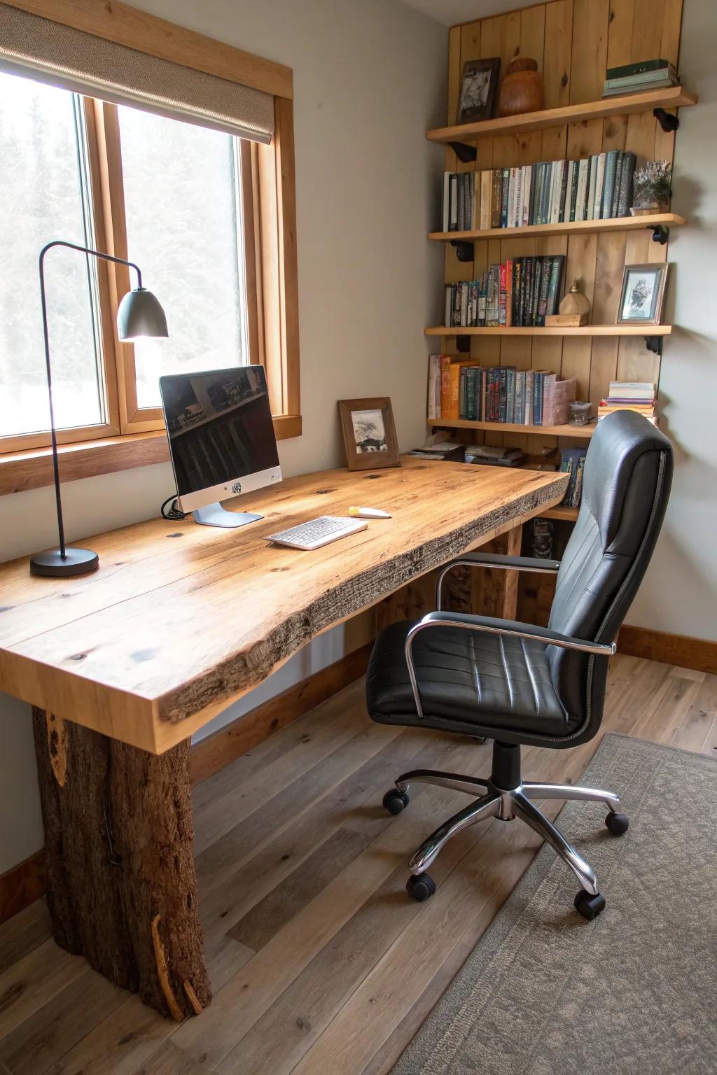 A home office with a custom cedar slab desk.
