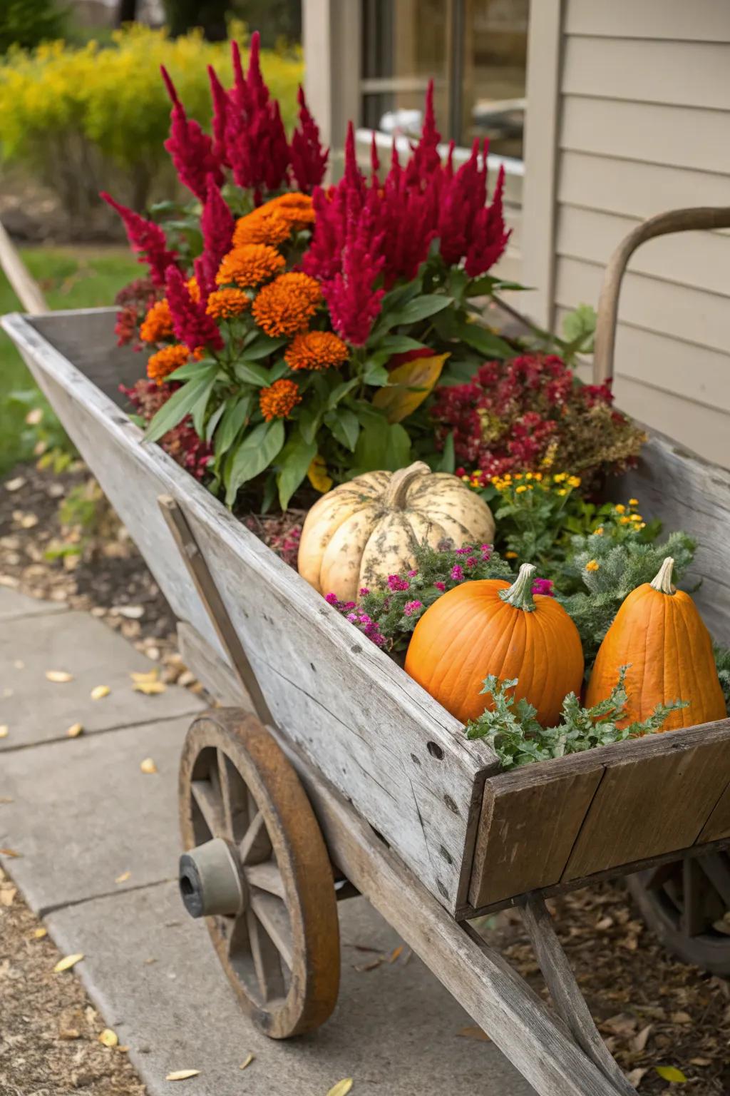 A wheelbarrow filled with celosia adds seasonal charm.