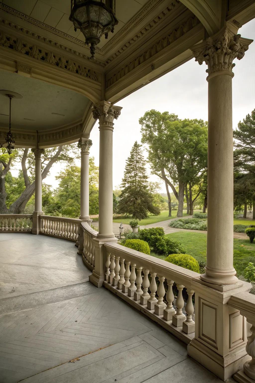 Stylish railings and columns add a sophisticated touch to your cement porch.