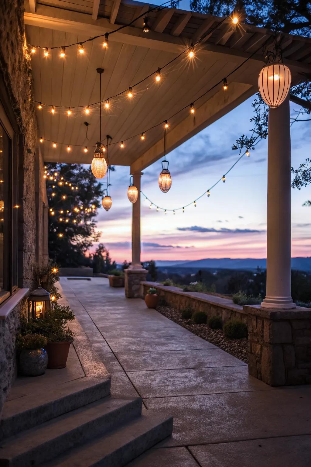 Soft lighting transforms a cement porch into a cozy retreat.