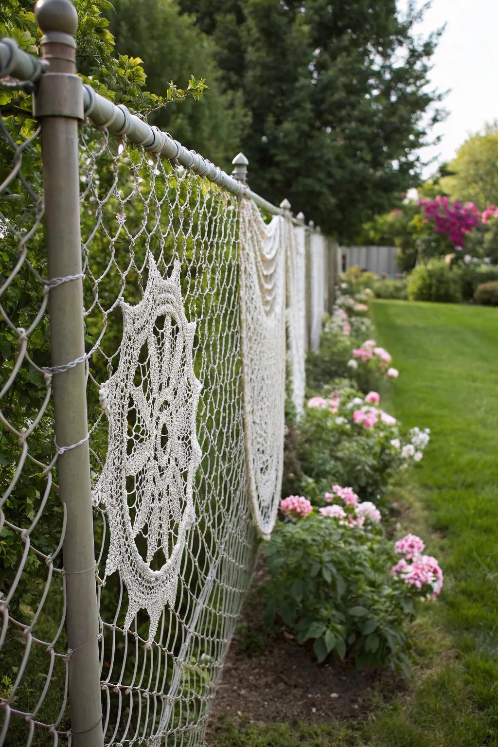 Crochet patterns add an unexpected and whimsical charm to chain link fences.