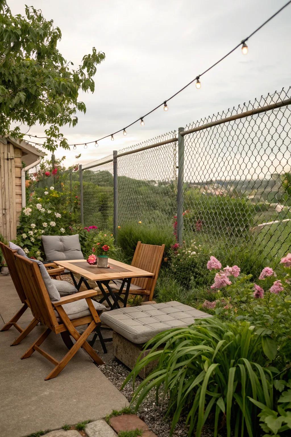 A cozy patio by the fence offers a perfect spot for relaxation.