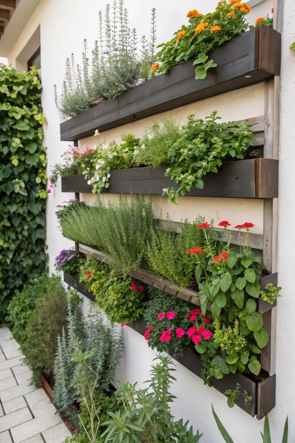 A vertical garden maximizes greenery in limited space.
