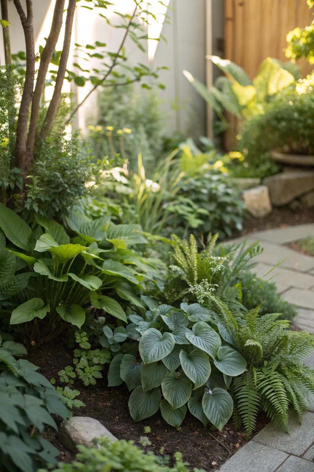 Diverse greenery creates a lush, inviting atmosphere.